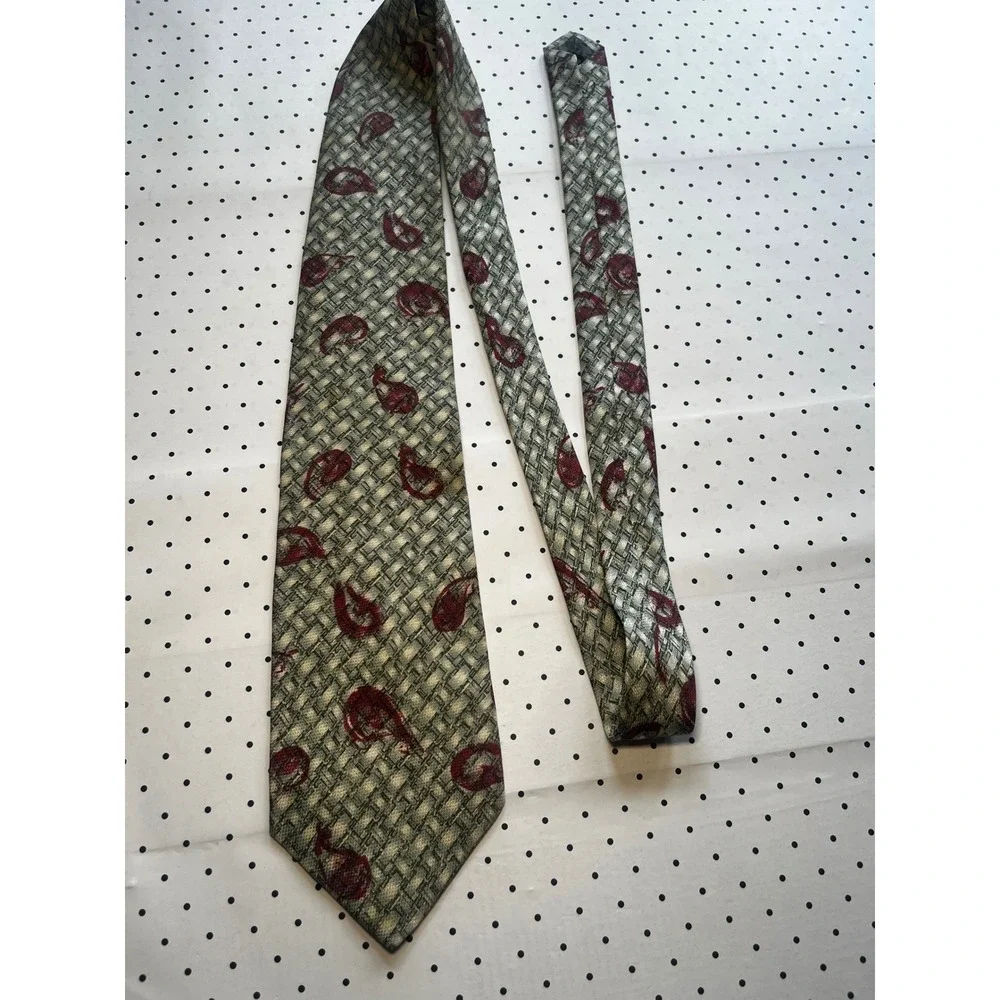 Massimo Livio Mens Silk Tie Italy Sage Green Red Paisley Basketweave Textured